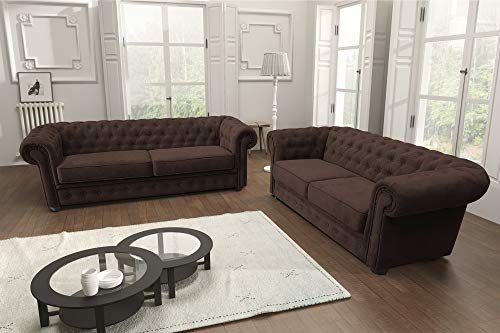 Chesterfield Style Corner Sofa Set 3+2 Seater Armchair Brown Fabric (3+2 Seater)