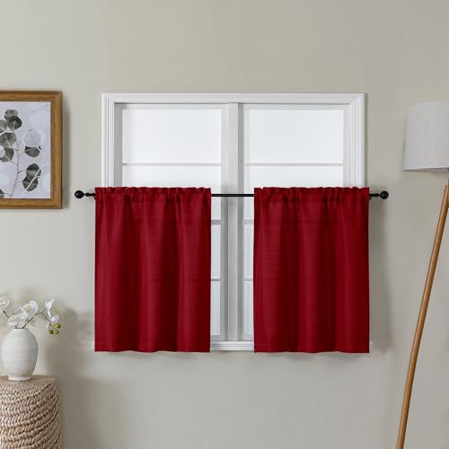"Lecloud Bessie Red Kitchen Curtains 24 Inch Length 2 Pcs, Christmas Faux Linen Textured Short Curtain, Light Filtering Breathable Tiers with Rod Pocket for Cafe Bedroom Bathroom, Each 30"" W x 24"" L"