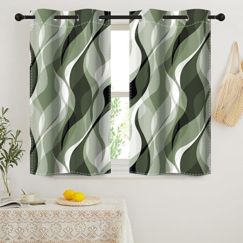 DORCEV Green Wave Lines Window Curtains Abstract Art Aesthetic Gradient Sage Green Blackout Curtains Geometric Thermal Insulated Room Darkening Window Drapes Kitchen Curtains,26x45 inch,2 Panels