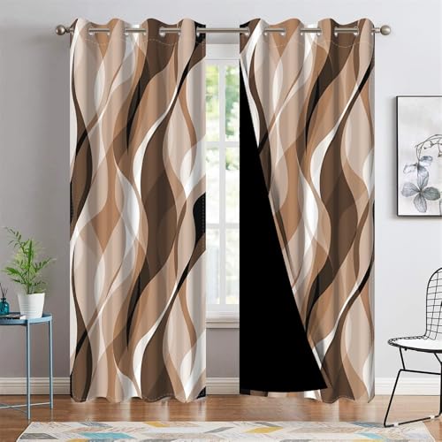 DORCEV Brown Blackout Window Curtains for Living Room Bedroom Decor Coffee Tan Abstract Geometric Wave Lines Window Drapes Modern Minimalist Kitchen Patio Window Treatments,26x84 inch,2 Panels