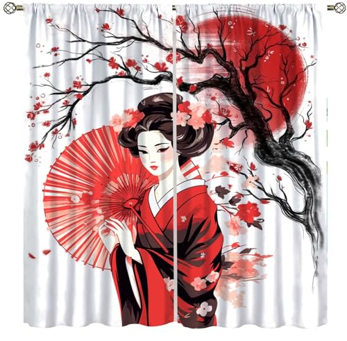 Yearn Jear Red Geisha Curtains Japanese Style with Cherry Blossoms Traditional Kimono Folk Culture Style,Rod Pocket Drapes for Living Room Bedroom Kitchen 42x45 Inch Decor