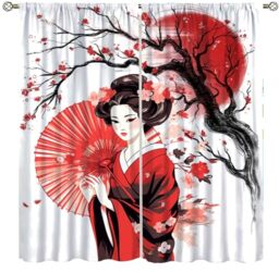 Yearn Jear Red Geisha Curtains Japanese Style with Cherry Blossoms Traditional Kimono Folk Culture Style,Rod Pocket Drapes for Living Room Bedroom Kitchen 42x45 Inch Decor