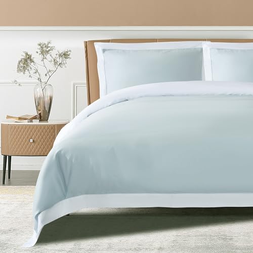 THE COTTON & SILK?? 100% Luxury Long-Staple Cotton Duvet Cover Set - Soft & Breathable - Include 1 Duvet Cover (Corner Ties & Hidden Zipper), 2 Pillow Shams - Misty Blue + White, King/California King
