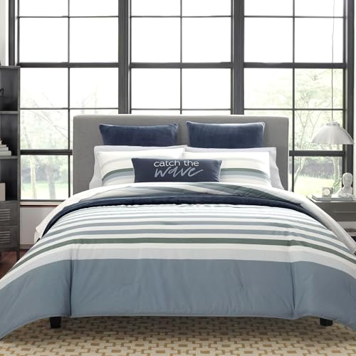 Nautica - Duvet Set-100, Cozy & Soft, Durable & Breathable Striped Bedding with Matching Sham(s), Plain Weave Cotton, Grey, Twin