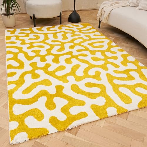 THE RUGS Joli Area Rug - Soft Dense Pile Modern Artistic Design, Durable & Easy Care Carpet for Living Room & Bedroom - Doodle Yellow & White, 80 x 150 cm