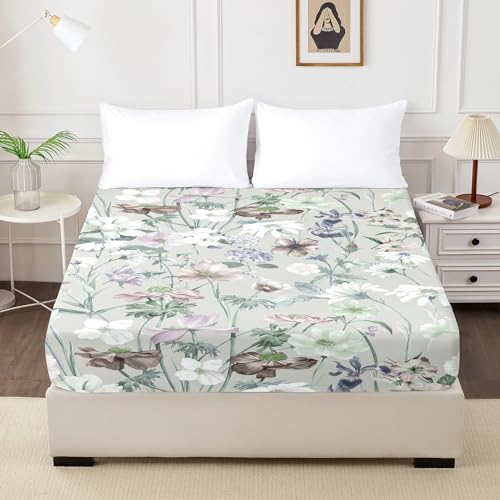 "HCORA Full Fitted Sheet Only - Premium 1800 Microfibre Floral Fitted Sheet Deep Pocket Up to 16"" - Ultra Soft Fitted Bottom Sheet Shrinkage and Fade Resistant (Full)"