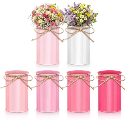 Domensi 6 Pcs Pink Pen Holder Cup for Desk Pencil Holder Marker Pen Metal Organizer Wedding Table Centerpiece Small Galvanized Metal Tin Vases for Artificial Flowers Office Stationery Storage