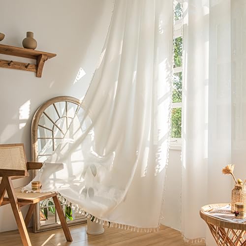 "Sutuo Home White Boho Curtains 108 Inches Long, Bohemian Linen Style Textured Curtains with Tassels for Living Room, Semi Blackout Farmhouse Drapes, Rod Pocket Window Treatments 2 Panels, 52"" x 108"""