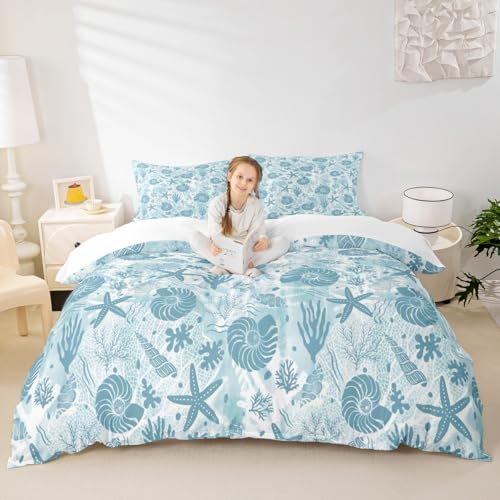 Seashell Conch Starfish Coral Duvet Cover Set Queen Size,Coastal Ocean Beach Bedding Set 3Pcs,Underwater Life Print Comforter Cover Navy Blue Tie Dye Quilt Cover for Kids Teens Adult Bedroom Decor