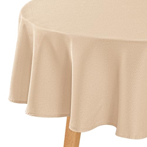 Hiasan Round Textured Tablecloth 50 Inch - Waterproof Spillproof Antiwrinkle Jacquard Table Cloth, Decorative Polyester Table Cover for Kitchen, Outdoor Picnic, Holiday and Parties, Beige