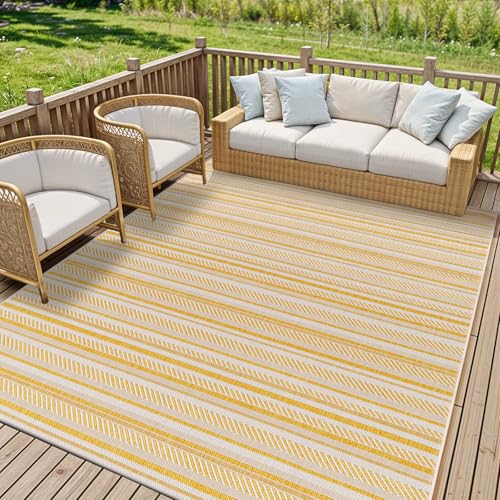 Livabliss Kavita Ibiza Indoor Outdoor Floor Covering 200x275 cm – Boho Pattern for Living Room, Dining & Kitchen, Waterproof & Stain-Resistant, Mustard & Ivory