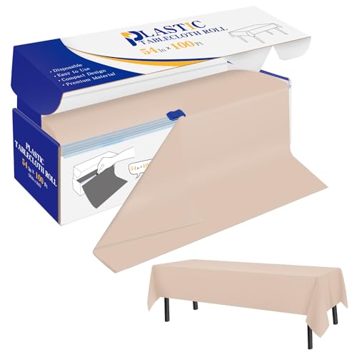 YSYJ Plastic Table Cover Roll Beige Disposable Cloth 54 in x 100 Ft, With Slide Cutter for Parties