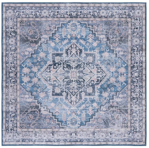 Safavieh Traditional Rug Ideal for High Traffic Areas - Machine Washable and Non Slip - Tucson Collection, Short Pile, in Blue and Grey, 183 X 183 cm