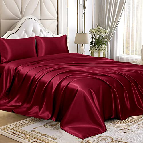 Homiest 4pcs Satin Sheets Set Luxury Silky Satin Bedding Set with Deep Pocket, 1 Fitted Sheet + 1 Flat Sheet + 2 Pillowcases (King Size, Burgundy)