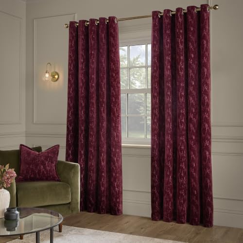 Paoletti Aurelio Eyelet Curtain Pair (Burgundy - 229x183cm) - Woven Jacquard Chenille Soft Texture Abstract Room Darkening Lined Curtains
