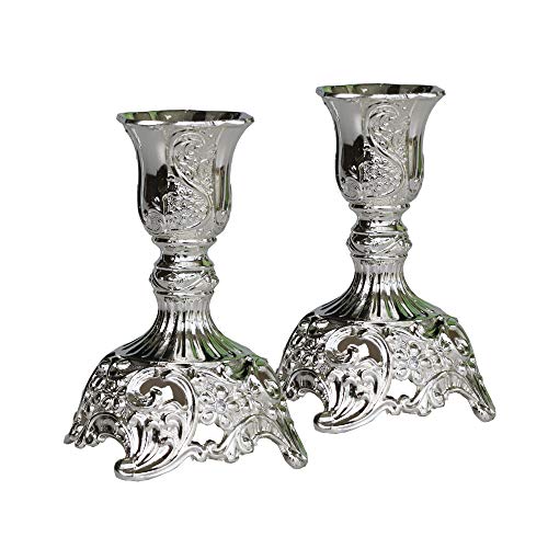 Taper Candle Holders With Deluxe Engraved Design, Set of 2 Premium Metal Silver Candlestick Holders