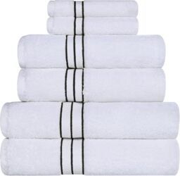 Superior 6 Piece Long-Staple Combed Cotton 900 Gram Towel Set, White with Black Border
