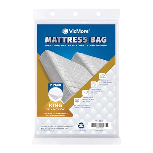 "VICMORE 2 Pack King Mattress Bags for Moving, Storage & Disposal, 1.5 Mil Clear Plastic Mattress Cover, 78"" x 100"" x 14"" Fits King & California King Mattresses"