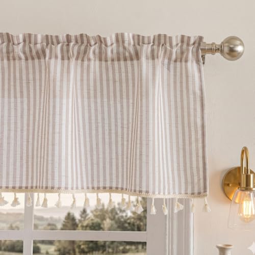 Jilron Farmhouse Stripe Valances for Windows - Single Panel Short Curtains for Windows, Easy Install Kitchen Curtains Over Sink with Light Filtering-Milk Coffee(W 52*L 18in-1-Panel)