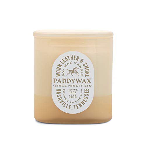 Paddywax Scented Candles Vista Collection Vintage Style Artisan Candle in Frosted Glass, 340g, Worn Leather & Smoke