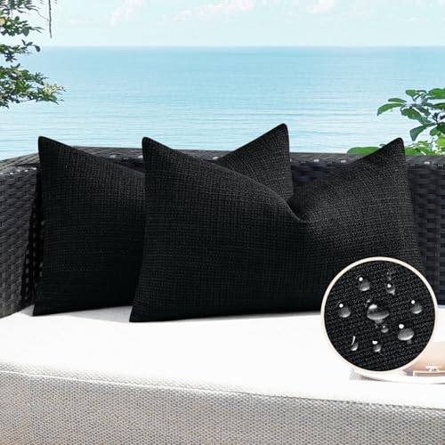 Artscope Outdoor Waterproof Throw Pillow Covers 12x20 Inch Decorative Linen Outdoor Pillows Cushion Case for Patio Couch Sofa - Black