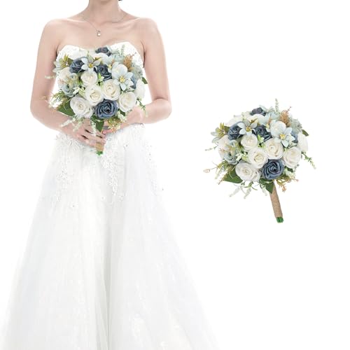 HOMENERGY Bridesmaid Bouquets for Wedding - 7 Inch Artificial Rose Flower Bouquet for Bridesmaids Pre-Made Floral Bouquets Party Ceremony Anniversary Decor - Dusty Blue