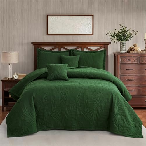 HZ & HY Oversized Queen Bedspread, Botanical, Olive Green - Generous Coverage, 5-Piece Quilt Set, Lightweight Reversible Coverlet, Stitched Leaf, Earthy Natural Look