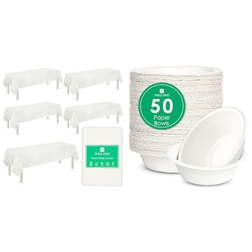 White Paper Table Cover 5pk & White Paper Bowls 50pk Eco Disposable Bundle