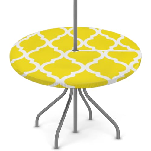 "GzLeyigou Fitted Round Tablecloth with Umbrella Hole and Zipper Yellow Moroccan Outdoor Elastic Table Cloth 36""-44"" Oil-Proof Waterproof Morocco Geometric Patio Table Cover for Dining Picnic Party"