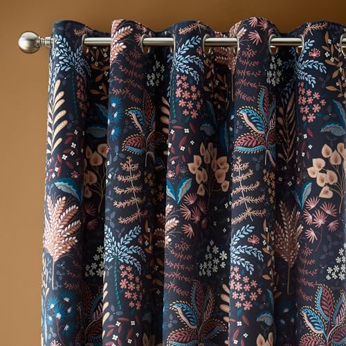 Catherine Lansfield Exotic Leaves Soft Recycled Polyester Velour 66x90 Inch Eyelet Curtains Two Panels Black