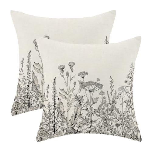 AEIOAE Black White Gray Pillow Covers 16x16 Inch Set of 2, Spring Wildflower Plant Throw Pillows Case,Seasonal Floral Outdoor Decorative Flowers Farmhouse Decor Cushion Covers for Home Sofa Bed Couch