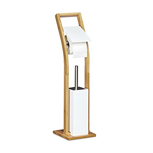 Relaxdays Toilet Brush and Holder Size: 75 x 19 x 19 cm Bamboo Toilet Brush Holder with Toilet Paper Holder Bathroom Butler with Toilet Brush and Toilet Roll Holder Free-Standing Toilet Stand, White