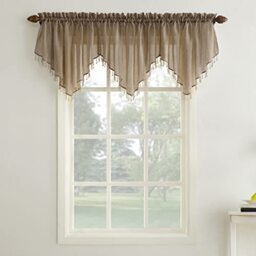 "No. 918 Erica Crushed Voile Ascot Beaded Sheer Rod Pocket Curtain Set, 153"" x 24"", Taupe"