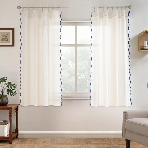 DriftAway Semi Sheer Scalloped Edge Linen Coastal Beach Window Curtains for Living Room Bedroom 2 Panels Rod Pocket Each Size 52 Inch by 63 Inch Navy
