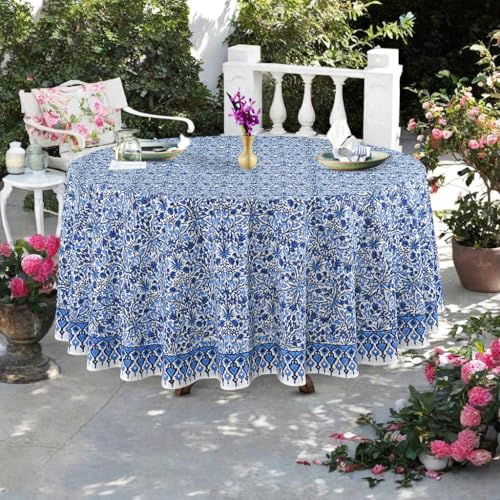 Ridhi Round Tablecloth - Hand Block Print 100% Cotton Reusable Dark Royal Blue 132 Inch Table Cover Decorative Use for Dining, Home, Party, Wedding, Farmhouse, Fall, Thanksgiving