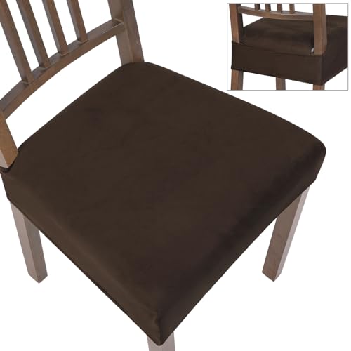 SearchI Stretch Dining Chair Seat Covers Set of 6, Soft Removable Washable Seat Covers for Dining Chairs, Dining Room Seat Cover Protector (Rear-Covered, Velvet Brown)