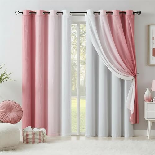 "Pink 90% Blackout Curtains with Ombre Sheers Overlay Mix and Match Double Layer Thermal Insulated Window Panels 63 Inch Length for Living Room Bedroom Home Decor, Grommet Top, 52""W x 63""L, 4pcs"
