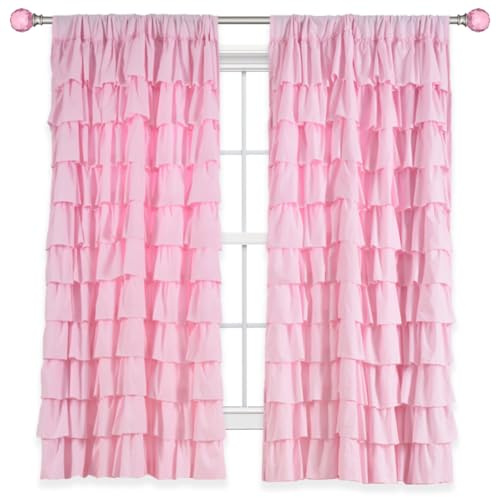 Kotile Pink Ruffled Curtain for Bedroom Shabby Chic 52x54 Inch, 1 Panel - Rod Pocket Styles Pleats, Matte Weave Comfort, Eases Bright Sun, Playful Cottage Charm, Moderate Scale, Privacy