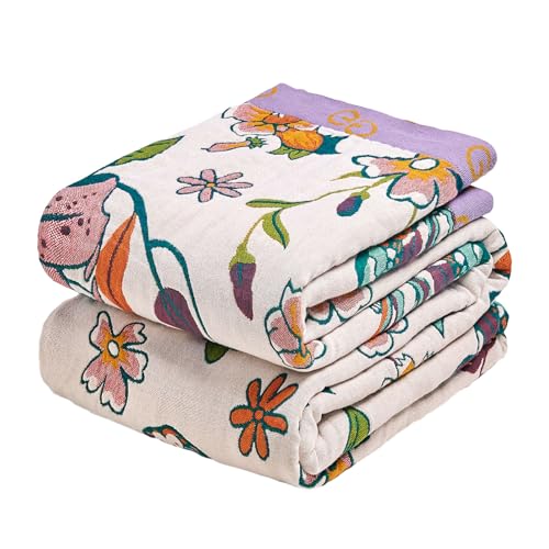 "MSGKV Boho Throw Blanket 90""x90"" Summer Cotton Floral Queen Size Blanket - Floral Pattern, Queen Size Blanket, Muslin Throw, Reversible Woven, Farmhouse Style, Lightweight Comfort, Machine Washable"