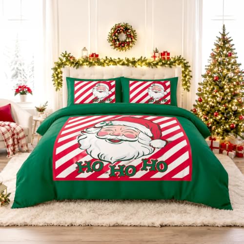 GC GAVENO CAVAILIA Christmas Santa Green Bedding Kingsize Duvet Cover Sets - Breathable, Lightweight, Reversible Quilt Cover Set - Soft Touch, Christmas King Size Duvet Cover With Pillow Cases,230x220cm
