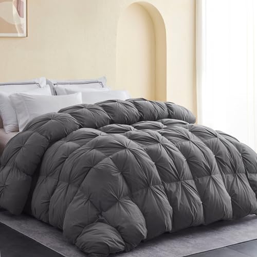 "SNOWMAN All-Season 75% Down Comforter Queen Size, Pinch Pleat Duvet Insert with 8 Corner Tabs, Medium Warm Bed Comforter, Soft Down Proof Cotton Blended Fabric (Grey, 90""x90"")"