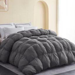 "SNOWMAN All-Season 75% Down Comforter Queen Size, Pinch Pleat Duvet Insert with 8 Corner Tabs, Medium Warm Bed Comforter, Soft Down Proof Cotton Blended Fabric (Grey, 90""x90"")"