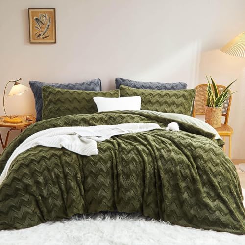 Lanqinglv Plush Bed Linen 135 x 200 cm Green Faux Fur Fluffy Winter Bed Linen Warm Cosy Flannel Fleece Wave Pattern Flannelette Duvet Cover with Zip and 1 Pillowcase 80 x 80 cm