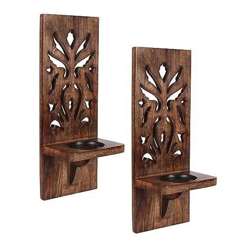 Burnt Wood Wall Sconces (Set of 2) - Wall Mounted Pillar Candle Holders, Wooden Candle Sconces for Christmas Decoration, Rustic Walls D??cor for Living Room & Bedroom - 16 Inch