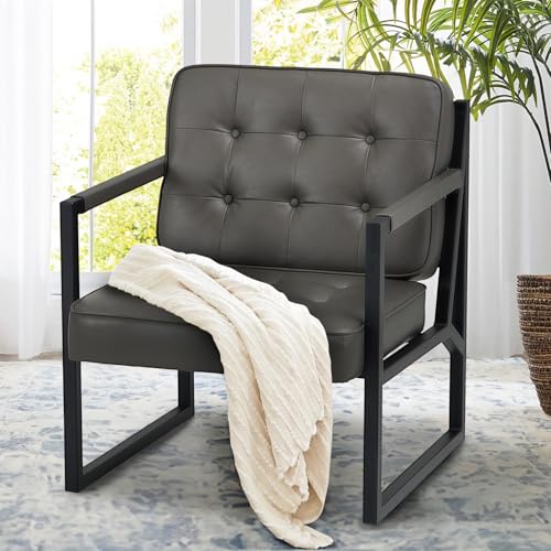 COLAMY Mid Century Modern Accent Chair Set of 1, Comfy Living Room Armchair with Metal Legs, Faux Leather Reception Arm Chair for Living Room Bedroom Reception Office, Grey