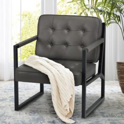 COLAMY Mid Century Modern Accent Chair Set of 1, Comfy Living Room Armchair with Metal Legs, Faux Leather Reception Arm Chair for Living Room Bedroom Reception Office, Grey