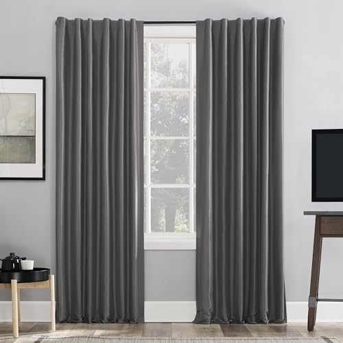 "Sun Zero Greyson Faux Dupioni Silk Thermal Extreme Total Blackout Back Tab Curtain Panel, 50"" x 95"", Iron Gray"