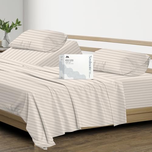 500 Thread Count Bed Sheets 100% Egyptian Cotton Striped Sheets Set - Beige Long-Staple Cotton Split King Sheet for Bed, Fits Mattress Upto 16'' Deep Pocket, Soft & Silky Sateen Weave Sheets