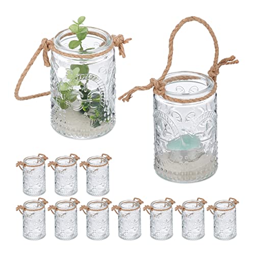 Relaxdays Candle Lanterns, Set of 12, Glass, with Handle, Indoors & Outdoors, Tealight Holders, 10.5 x 7 cm, Clear/Brown