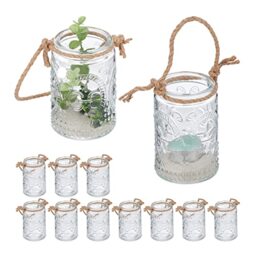 Relaxdays Candle Lanterns, Set of 12, Glass, with Handle, Indoors & Outdoors, Tealight Holders, 10.5 x 7 cm, Clear/Brown